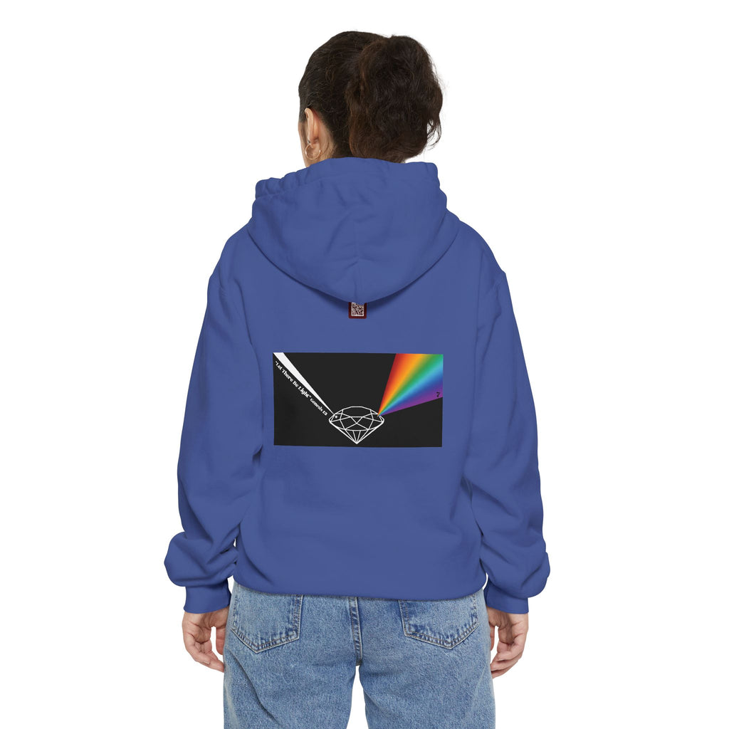 Rainbow Back Print "Let There Be Light" Classic Garment-Dyed Hoodie — Cozy Everyday Pullover