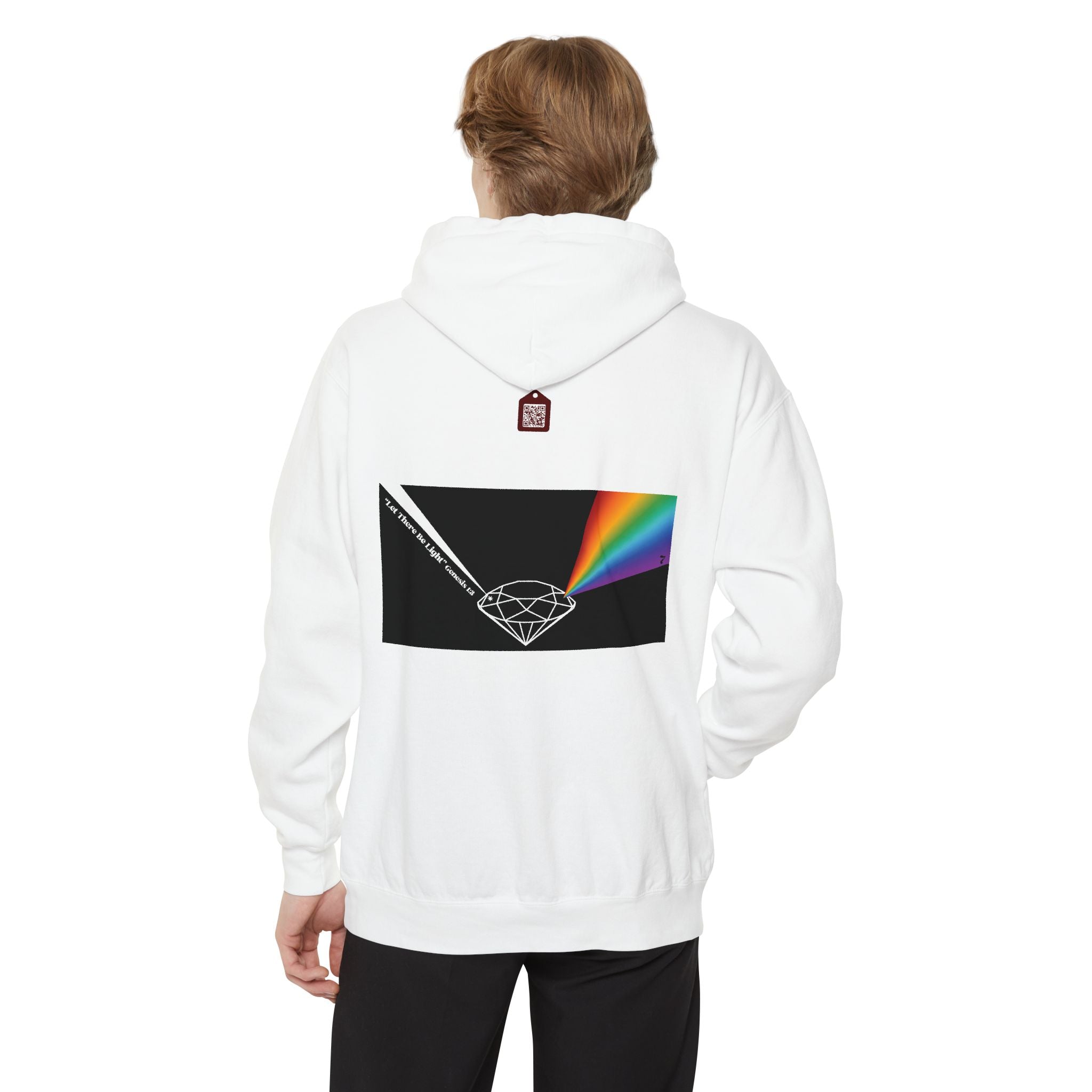 Rainbow Back Print "Let There Be Light" Classic Garment-Dyed Hoodie — Cozy Everyday Pullover