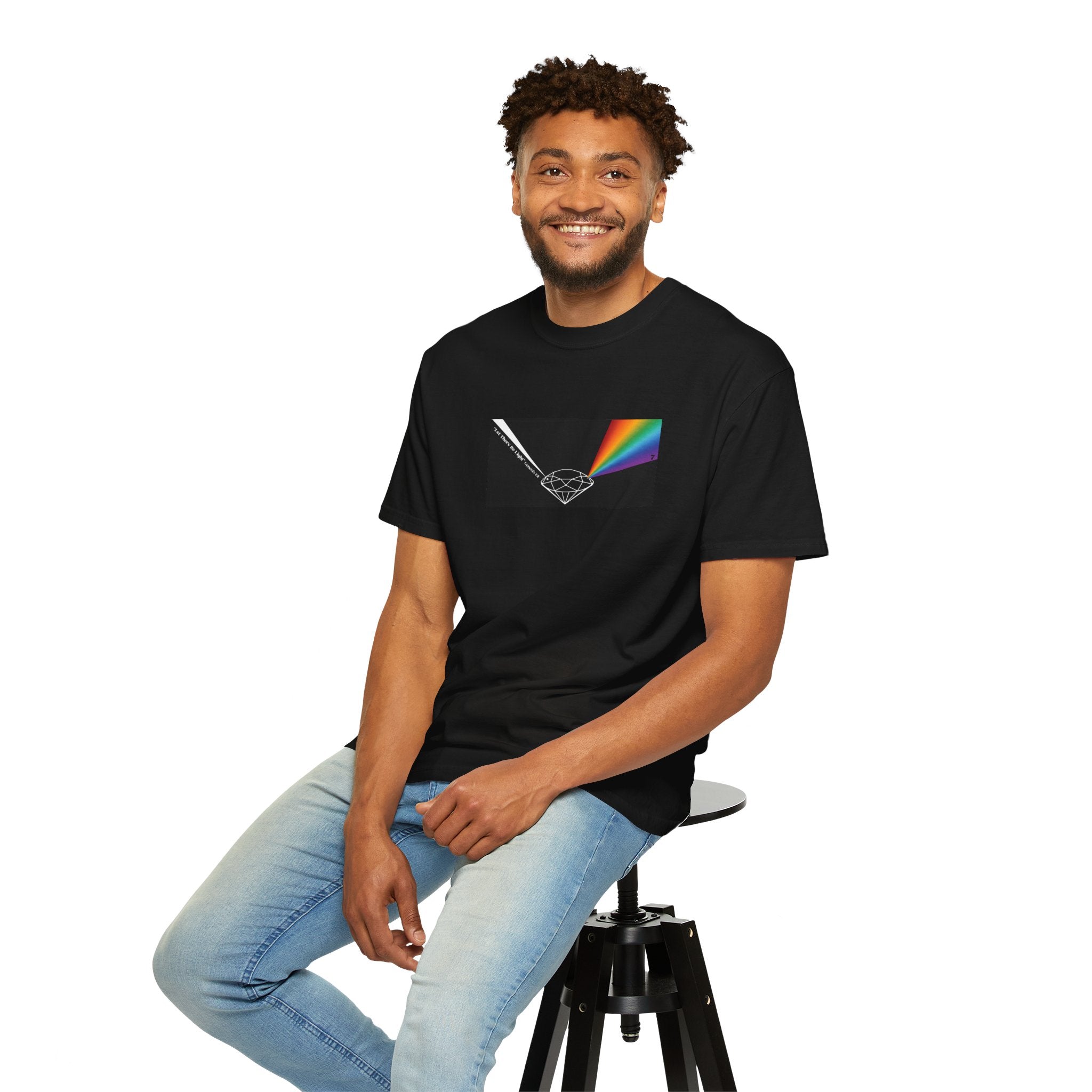Prism Diamond Tee — Rainbow "Let There Be Light" Spectrum Graphic T-Shirt