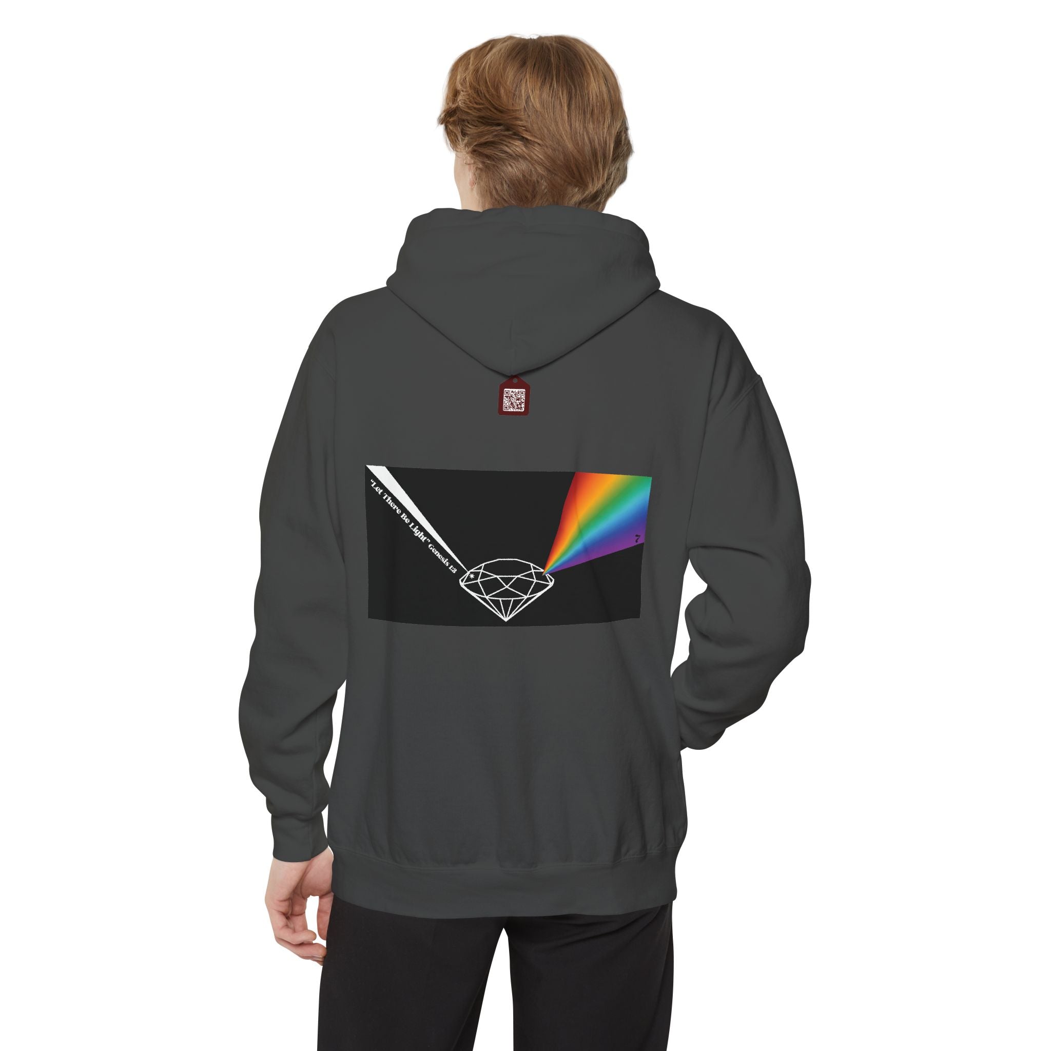 Rainbow Back Print "Let There Be Light" Classic Garment-Dyed Hoodie — Cozy Everyday Pullover