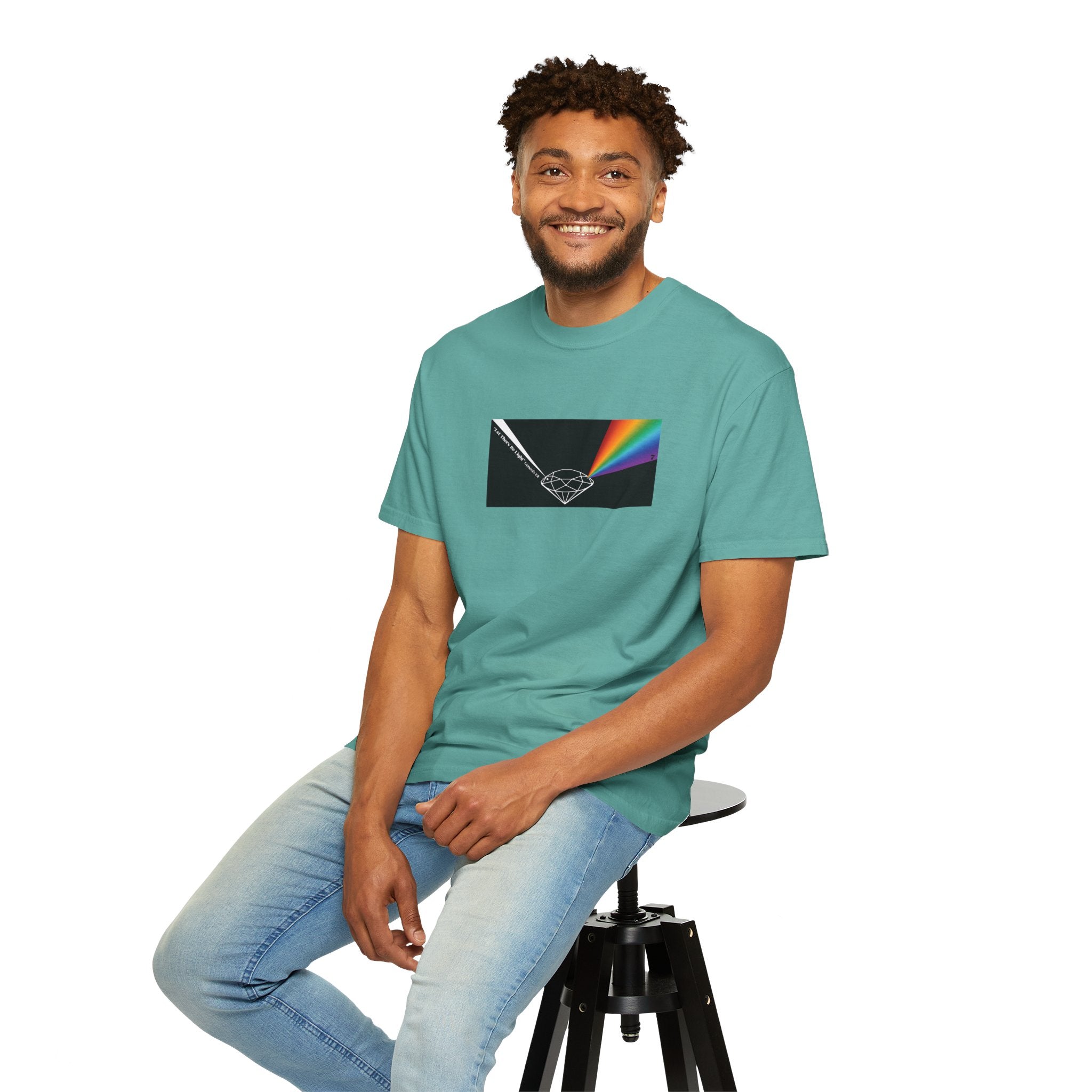 Prism Diamond Tee — Rainbow "Let There Be Light" Spectrum Graphic T-Shirt