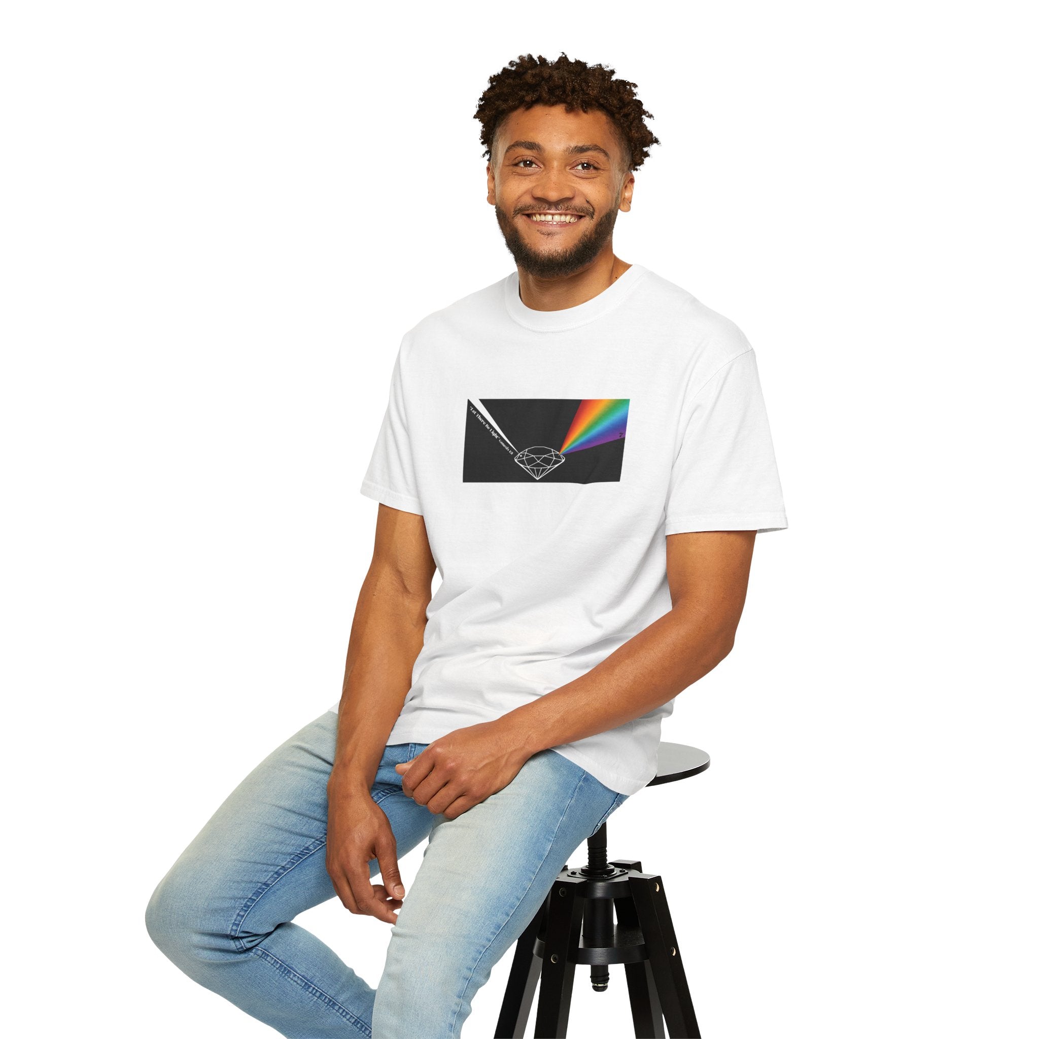 Prism Diamond Tee — Rainbow "Let There Be Light" Spectrum Graphic T-Shirt
