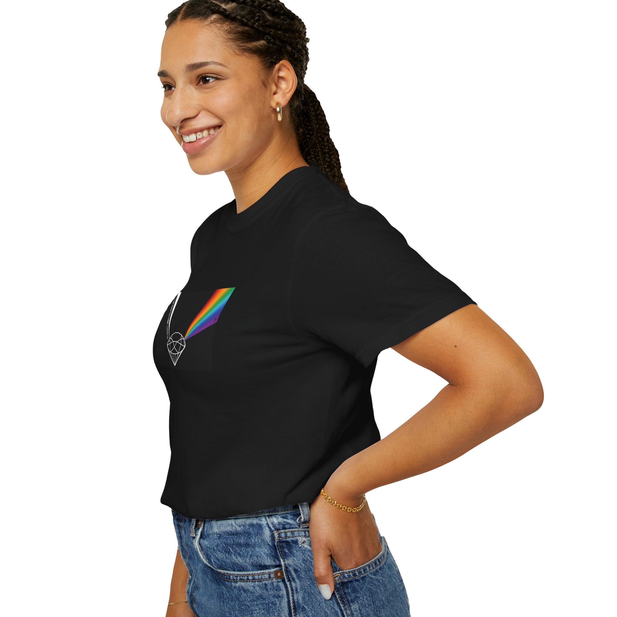 Prism Diamond Tee — Rainbow "Let There Be Light" Spectrum Graphic T-Shirt