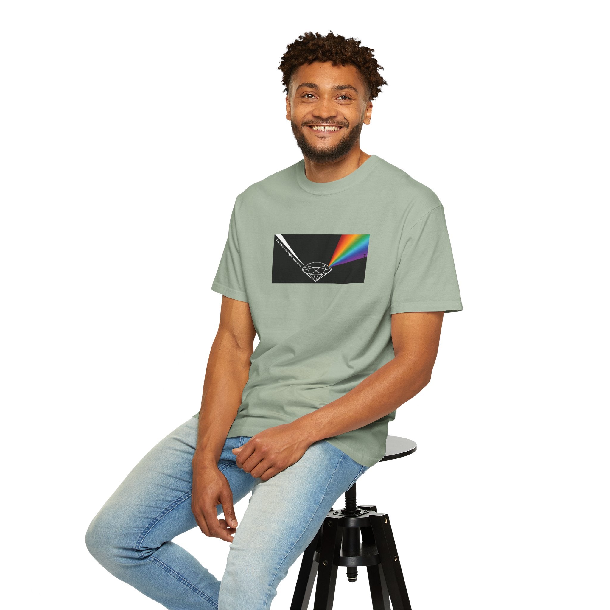 Prism Diamond Tee — Rainbow "Let There Be Light" Spectrum Graphic T-Shirt